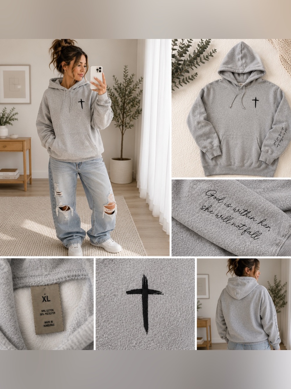 Women's Gray Cross Hoodie Sweatshirt - Inspirational Script